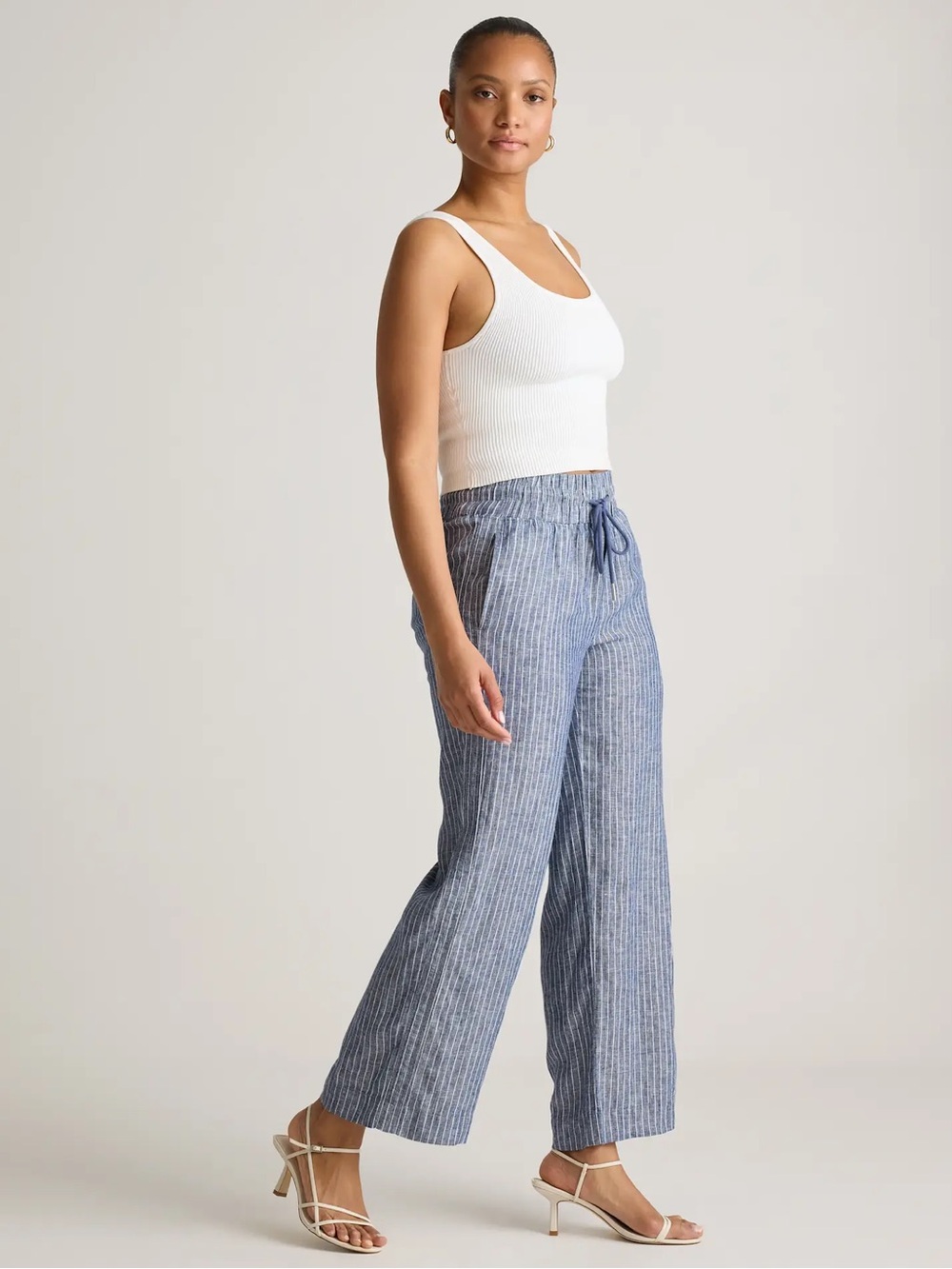 Quince 100% European Linen Wide Leg Pants S Chambray Blue Striped Coastal